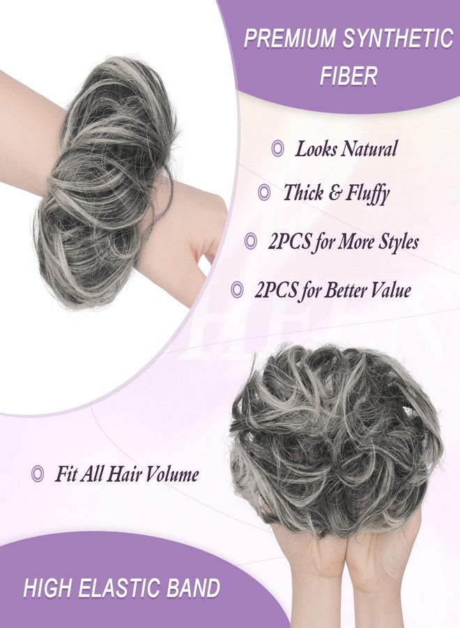 FESHFEN 2PCs Small Messy Bun Hair Piece for Thin Hair Women Girl Mini Synthetic Elastic Wavy Space-bun Scrunchies Updo Hairpieces, Black Gray and White Tips - Image 3